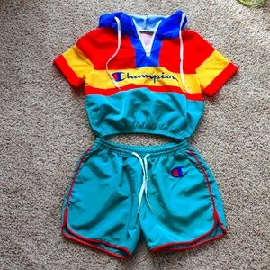 Champion 90s Y2K Colorblock Tracksuit - Cropped Hoodie & Shorts